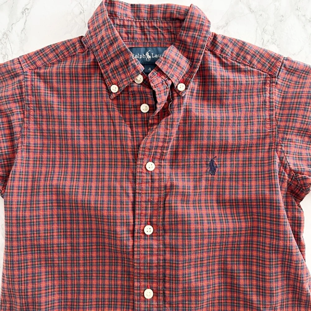 Ralph Lauren Cotton Long Sleeve Plaid Red Button Down Shirt Kids Size 4